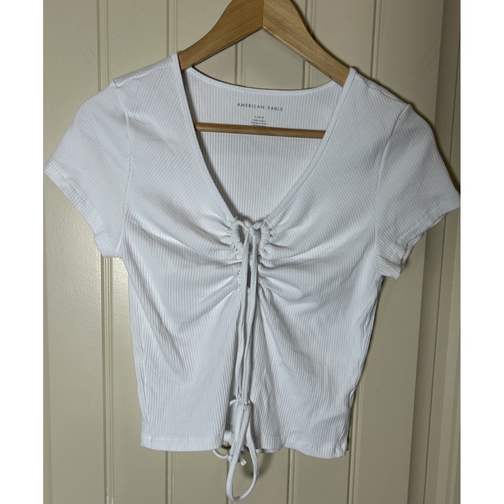 American Eagle Women's White Top Sz L Cropped Drawstring Tied Front Chic Summer